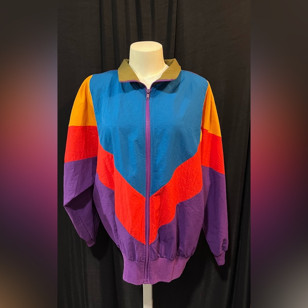Vintage 80s Silver Threads Color Block Windbreaker | Retro Batwing Jacket